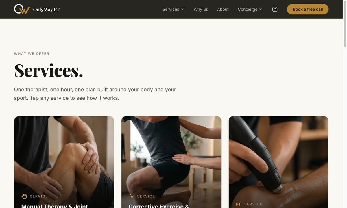 The Only Way PT services page — image-driven tiles for each service